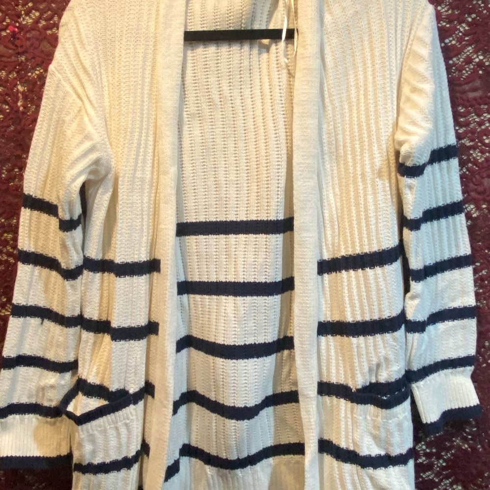 Time and Tru White and Black Striped Cardigan